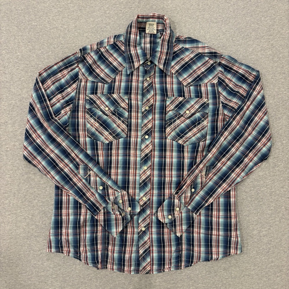 True Religion Button Up Shirt Men's Size 3XL Blue Red Plaid Long Sleeve Shirt